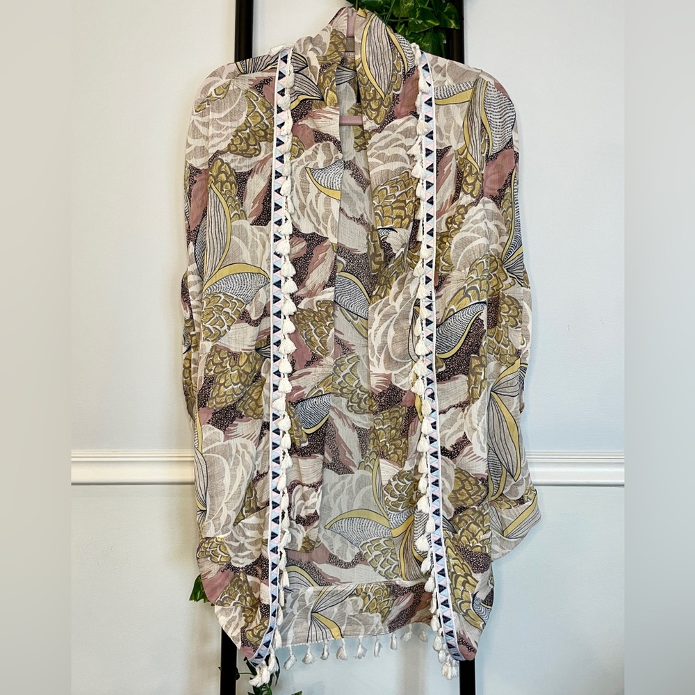 AKIRA Kimono Wrap/Robe/Swim Cover-up, Tassel Trim, Silk-Blend, Spring Break